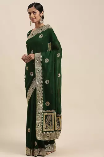 green green vichitra ethnic motifs embroidered silk blend saree