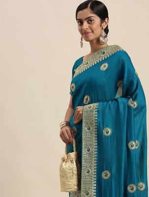 blue blue vichitra ethnic motifs embroidered silk blend saree 1