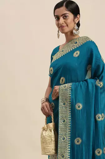 blue blue vichitra ethnic motifs embroidered silk blend saree