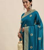 blue blue vichitra ethnic motifs embroidered silk blend saree