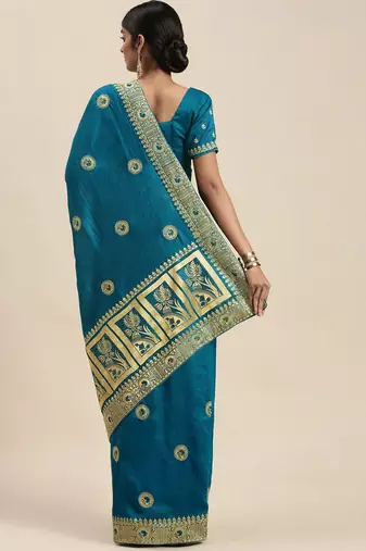 blue blue vichitra ethnic motifs embroidered silk blend saree