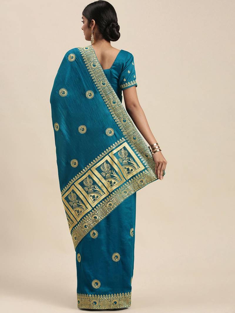 blue blue vichitra ethnic motifs embroidered silk blend saree