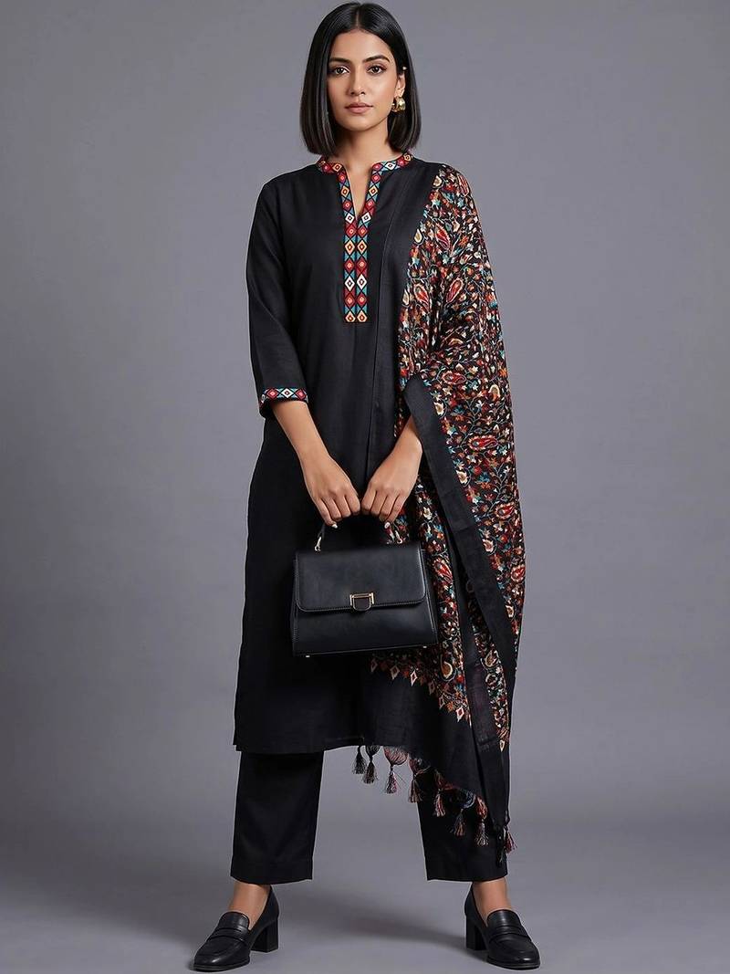 women ethnic motifs embroidered regular thread work cotton kurta with trousers & with dupatta