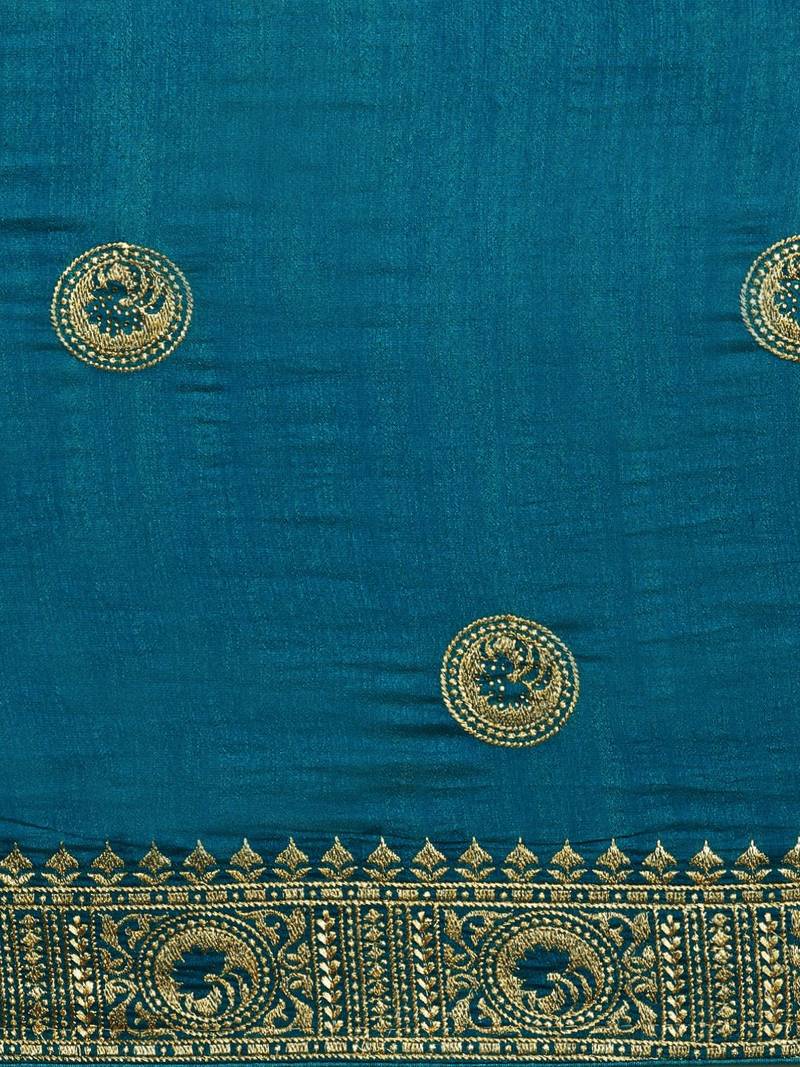 blue blue vichitra ethnic motifs embroidered silk blend saree
