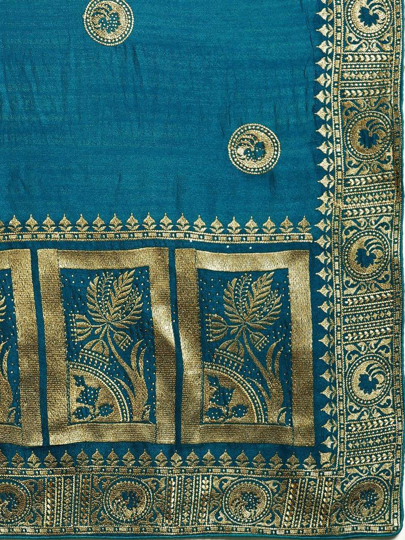 blue blue vichitra ethnic motifs embroidered silk blend saree