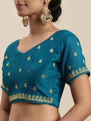 blue blue vichitra ethnic motifs embroidered silk blend saree 5