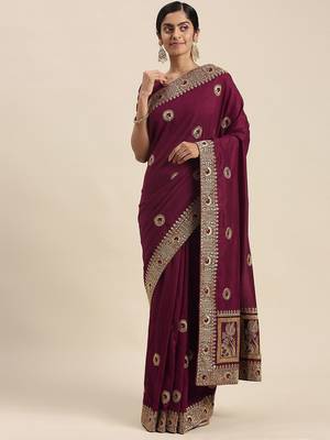 purple purple ethnic motifs embroidered silk blend saree 1