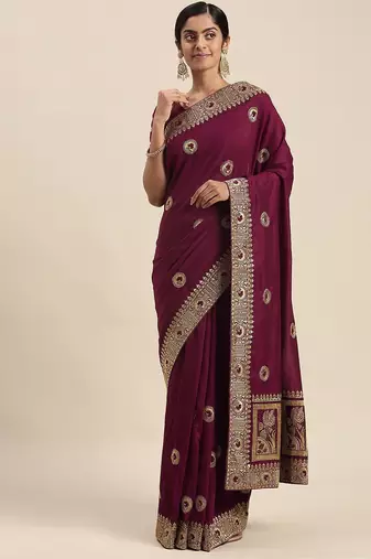 purple purple ethnic motifs embroidered silk blend saree