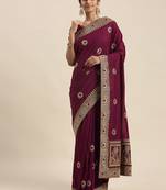 purple purple ethnic motifs embroidered silk blend saree