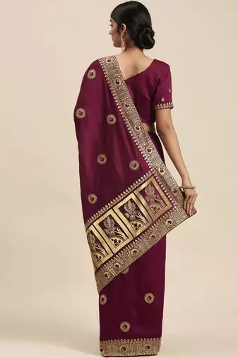 purple purple ethnic motifs embroidered silk blend saree