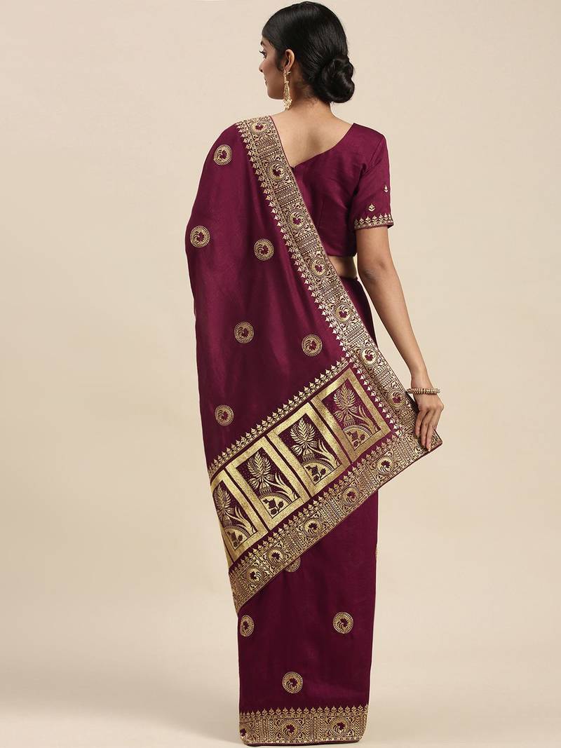 purple purple ethnic motifs embroidered silk blend saree