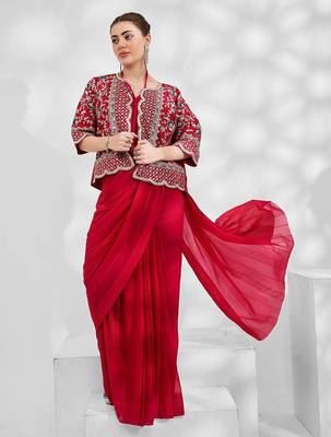 red red embellished embroidered zari pure georgette saree with jacket 1