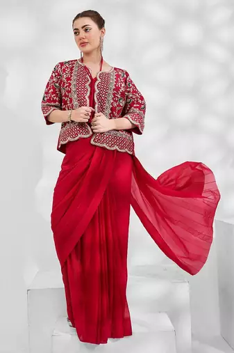 red red embellished embroidered zari pure georgette saree with jacket