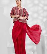 red red embellished embroidered zari pure georgette saree with jacket