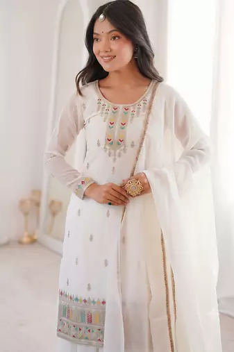White embroidered kurta with sharara & dupatta set
