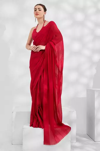 red red embellished embroidered zari pure georgette saree with jacket