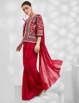 red red embellished embroidered zari pure georgette saree with jacket 3