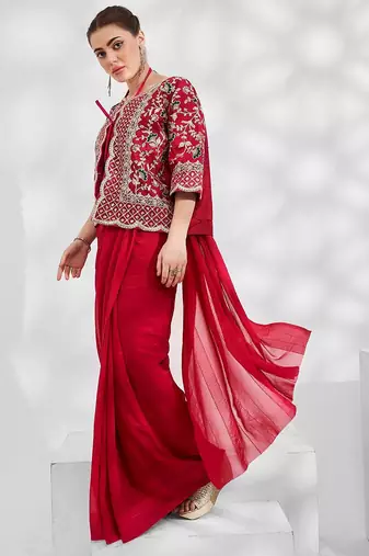 red red embellished embroidered zari pure georgette saree with jacket