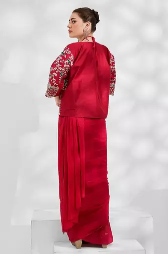 red red embellished embroidered zari pure georgette saree with jacket