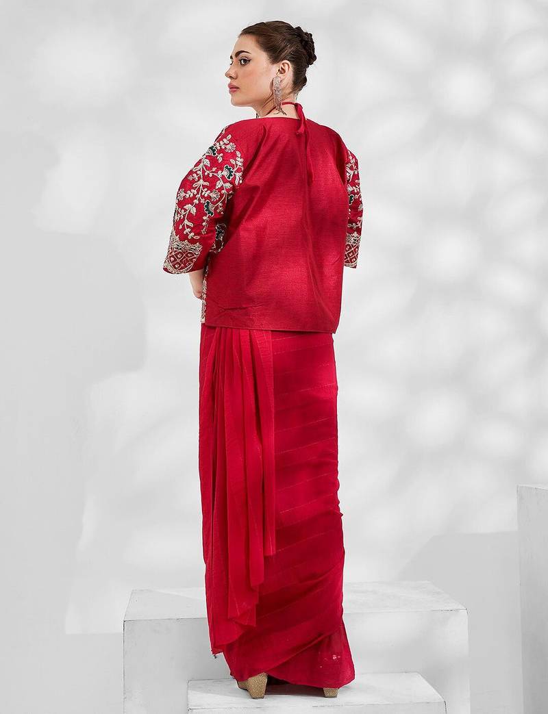 red red embellished embroidered zari pure georgette saree with jacket
