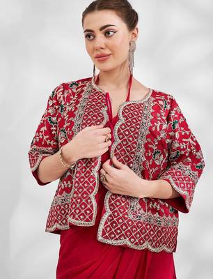 red red embellished embroidered zari pure georgette saree with jacket 5