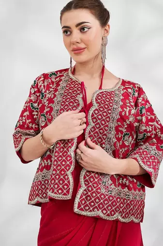 red red embellished embroidered zari pure georgette saree with jacket