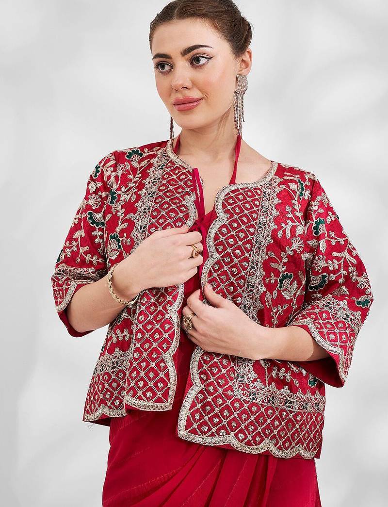 red red embellished embroidered zari pure georgette saree with jacket
