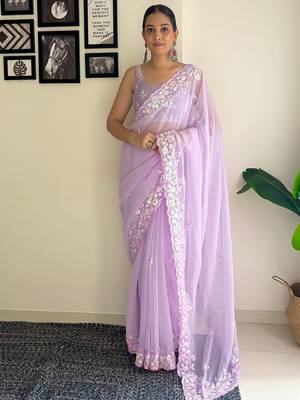 lavender embellished sequinned poly georgette saree with blouse piece 1