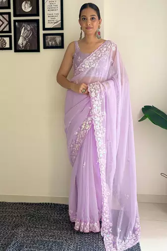 lavender embellished sequinned poly georgette saree with blouse piece