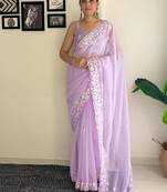 lavender embellished sequinned poly georgette saree with blouse piece
