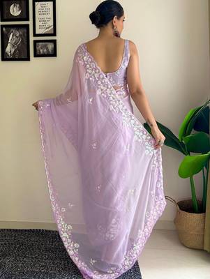 lavender embellished sequinned poly georgette saree with blouse piece 2