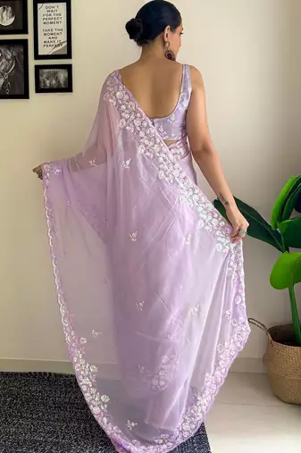 lavender embellished sequinned poly georgette saree with blouse piece