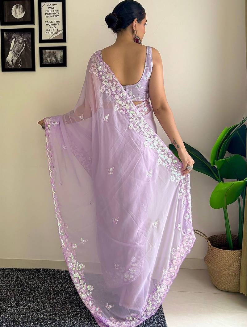 lavender embellished sequinned poly georgette saree with blouse piece