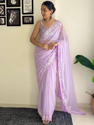 lavender embellished sequinned poly georgette saree with blouse piece 3