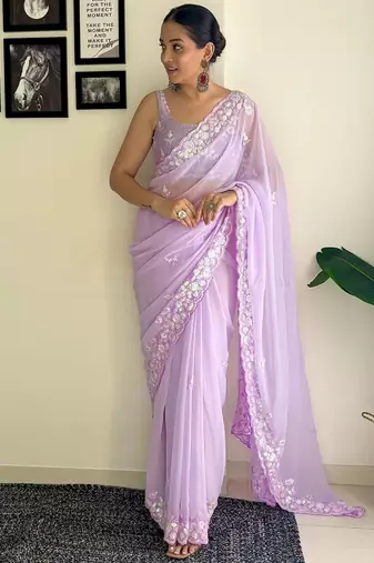 lavender embellished sequinned poly georgette saree with blouse piece