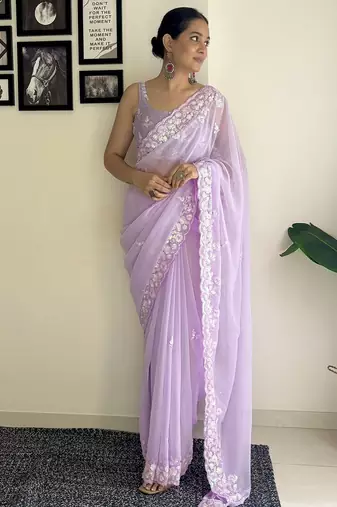 lavender embellished sequinned poly georgette saree with blouse piece