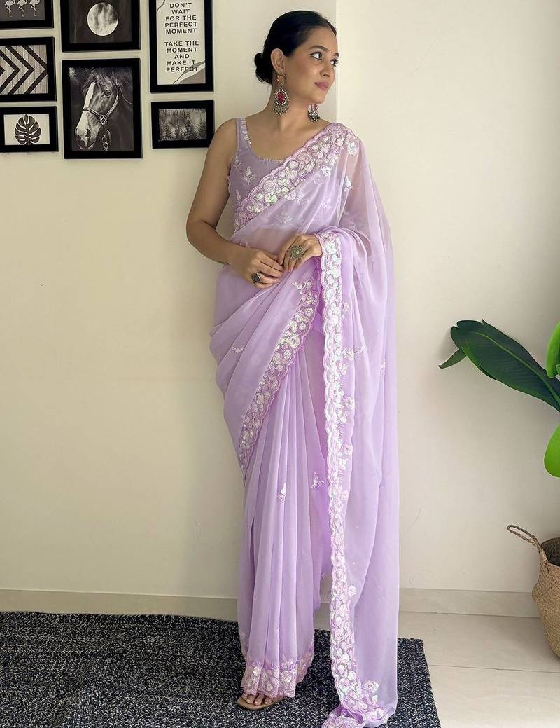 lavender embellished sequinned poly georgette saree with blouse piece