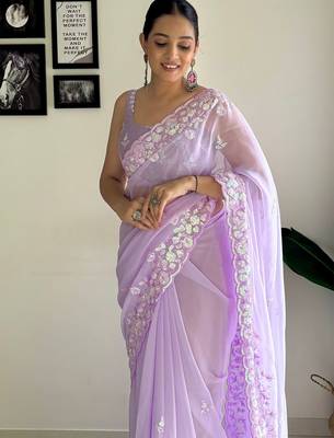 lavender embellished sequinned poly georgette saree with blouse piece 5