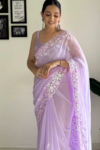 lavender embellished sequinned poly georgette saree with blouse piece