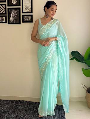 blue embellished sequinned poly georgette saree 1