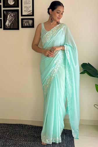 blue embellished sequinned poly georgette saree