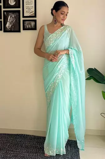 blue embellished sequinned poly georgette saree