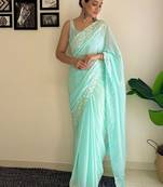 blue embellished sequinned poly georgette saree