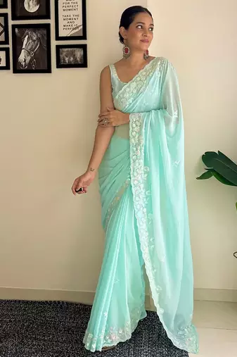 blue embellished sequinned poly georgette saree