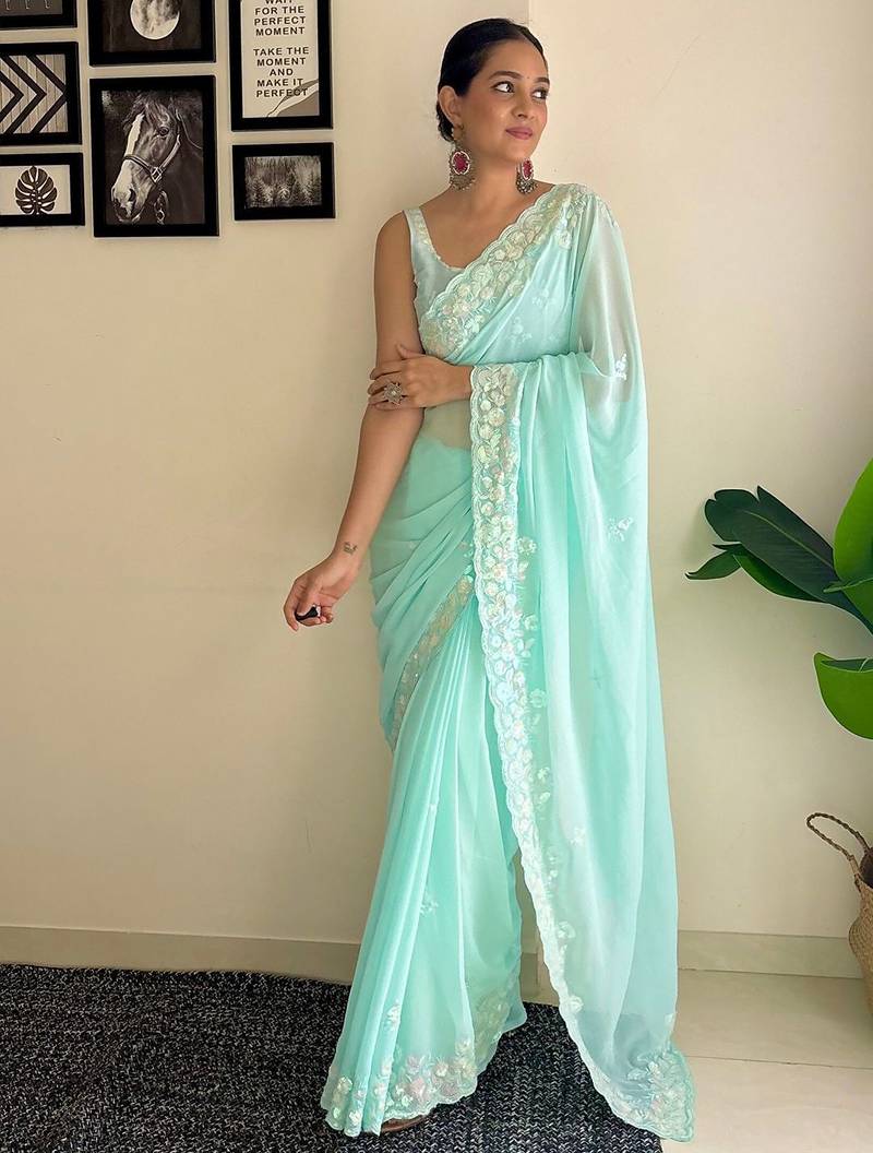 blue embellished sequinned poly georgette saree
