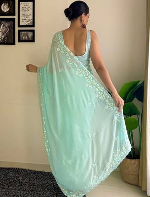 blue embellished sequinned poly georgette saree 3