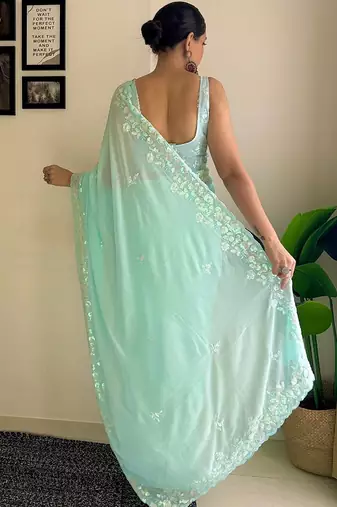blue embellished sequinned poly georgette saree