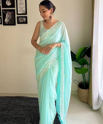 blue embellished sequinned poly georgette saree 4