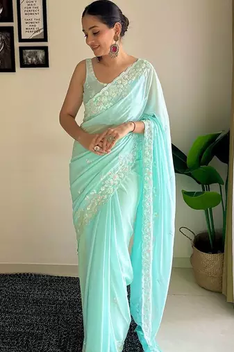 blue embellished sequinned poly georgette saree