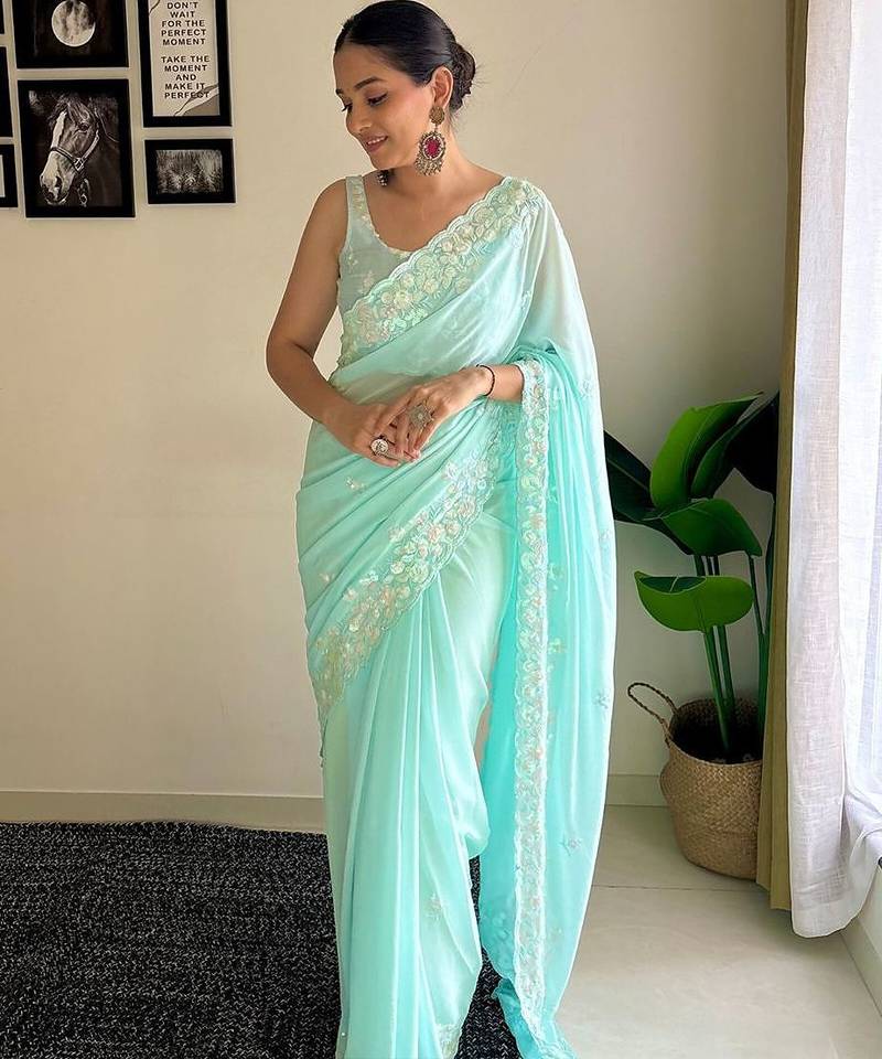 blue embellished sequinned poly georgette saree